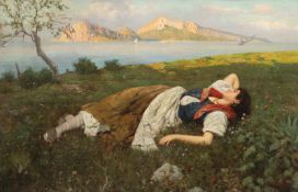 Hay, Bernado (1864 Florenz-1931 Neapel) "Ruhendes Mädchen auf einer Wiese", Öl/ Lw., sign. u.r., au