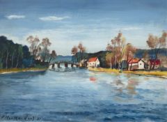 Heckendorf, Franz (1888 Berlin-1962 München) "Flußlandschaft mit Häusern am Ufer", Öl/ Platte, sign