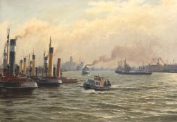 Schlichting, Waldemar (1896 Berlin-1970 ebenda) "Hamburger Hafen mit Schleppern und Lotsenboot", Öl