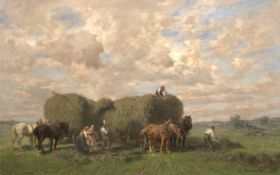 Thomassin, Desiré (1858 Wien-1933 München) "Heuernte-Sommerliche Szene mit Pferdegespann und Person