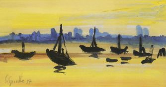Sprotte, Siegward (1913 Potsdam-2004 Kampen/Sylt) "Ankernde Boote vor Küste", Gouache, sign. u.l. u