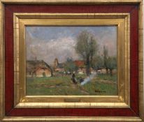 Liesegang, Helmuth (1858 Duisburg-1945 Leipzig) "Dörfliche Szene", Öl/ Karton, sign. u.r., 34x42 cm
