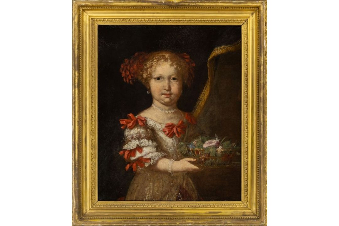 Bildnis eines vornehmen Kindes mit Blumenkorb, Bologneser Schule des 17. Jh.