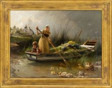 Raupp, Karl: Vegetable farmer with child in a laden rowing boat