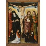 Spätgotisches Tafelbild mit Christus am Kreuz und Heiligen, Rheinland, 1. H. 15. Jh
