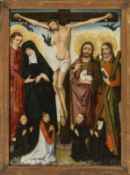 Late Gothic panel painting depicting Christ on the Cross and saints, Rhineland, first half of the 15