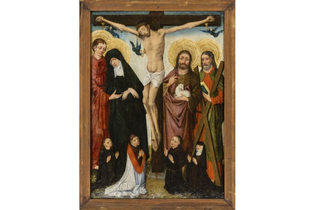 Spätgotisches Tafelbild mit Christus am Kreuz und Heiligen, Rheinland, 1. H. 15. Jh
