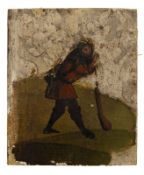 Small Gothic panel painting of a shepherd with a club in a landscape, Likely Franconia or Swabia, ea