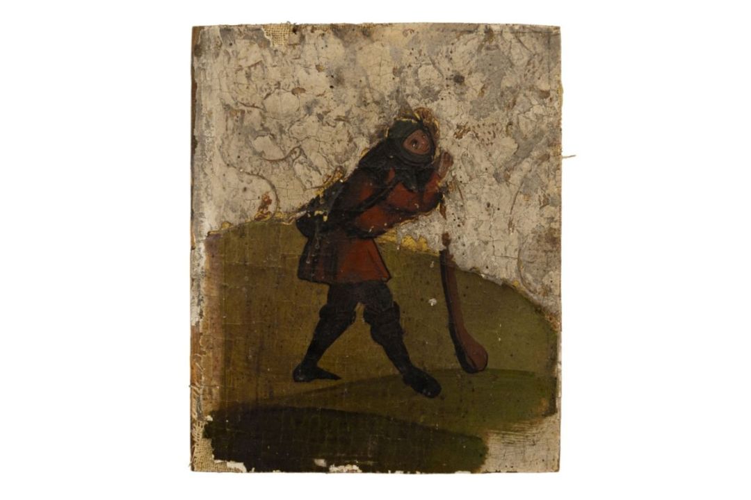 Kleines gotisches Tafelbild eines Hirten mit Keule in Landschaft, Wohl Franken oder Schwaben, A. 16.