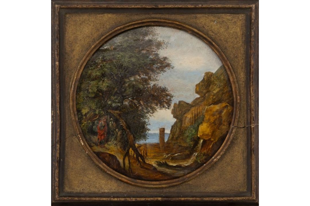 Kleines Tondo mit einem Heiligen in Landschaft, Flandern, um 1700