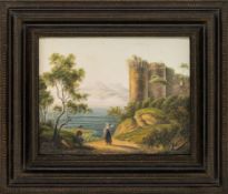 Ruins of a castle on the coast with figures, 19th-century Neapolitan school