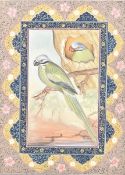 Two Chinese parakeets in front of a landscape background, Indian Mughal painting of the 19th century