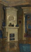 Max A. P. Frey "Wohnzimmer" (Grüner Salon mit Meissner Kachelofen). Wohl 1910er/1920er Jahre.