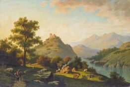 A. von Taiery (?), Abendliche Gebirgslandschaft mit Flusslauf und Bauern. 1862.