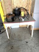 LOT OF table 40 in w x 34, 2- propane burner, stew kettle 115 vac