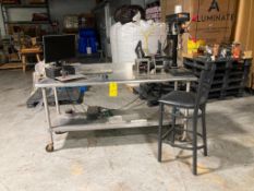 LOT OF stainless steel table with chair, Vision drill press w seam stripper head , can countersink g