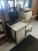 Desk with computer mini fridge and printer