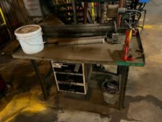 Steel table with Ridgid pipe vise and contents