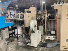 Civiemme vertical log stacker with palletizer, model ST-220, SN 67711, plastic strapper, 480 vac