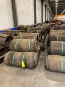 LOT OF approx 55 rollers radon length belt, 3/4 in & 3/8 in thk, radon width 41-3/8, 37 in , 39 in w
