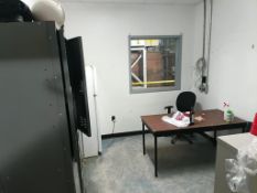 room w/6-2'x3' lockers,metal shelving,Wood table chair and refrigerator
