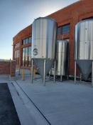 90 BBL Polished stainless steel fermentation tank, glycol jacketed, approx 7.5' diameter x 18' 9" ta
