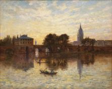 August HAENLEIN (XX). Alte Mainbrücke mit Blick auf Frankfurt.