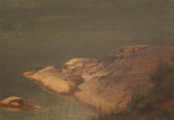 Richard FRESENIUS (1844 - 1903). Ölstudie. "Felsiges Ufer an einem See".
