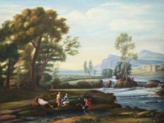 UNSIGNIERT (XX). Landschaft am Fluss mit Personenstaffage und Kühen.