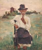 UNLESERLICH SIGNIERT (XX). Mann mit Pfeife und Windmühle.