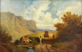 August Wilhelm J. AHLBORN (1796 - 1857) zugeschrieben. Landschaft mit Personen und Kutsche.