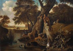 Jan WYNANTS (1632 - 1684) im Umkreis von. Landschaft mit Angler, Entenweiher und Jäger.