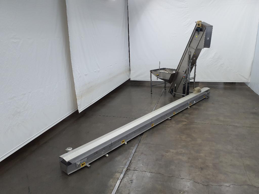 Fleetwood Elevating Conveyor With Hopper And Overhead Cross Belt Conveyor