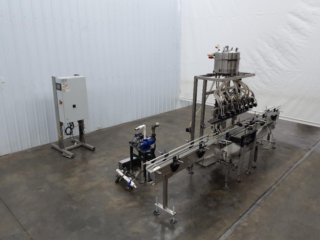 E Pak 10 Head Inline Pressure Gravity Filler with 15' Long Conveyor
