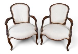 French, 18th century, a pair of fauteuil armchairs