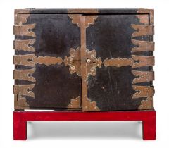 A Chinese export black lacquer and brass mounted chest, 18th century