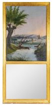 Antique, a painted French hunting scene overmantel mirror
