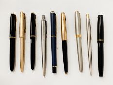 QTY OF PARKER FOUNTAIN PENS & PENS TO INCLUDE ROLLED GOLD & SOME WITH 14 CARAT GOLD NIBS