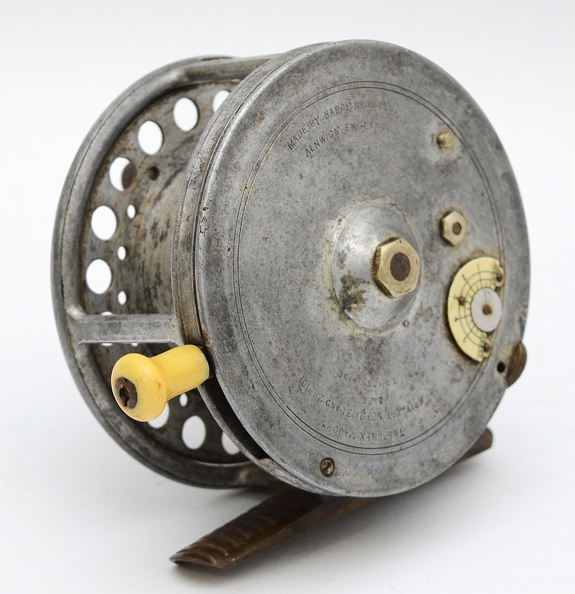 Hardy Bros Ltd, The 'Silex Major' ventilated fly fishing reel, ribbed brass foot, twin handles