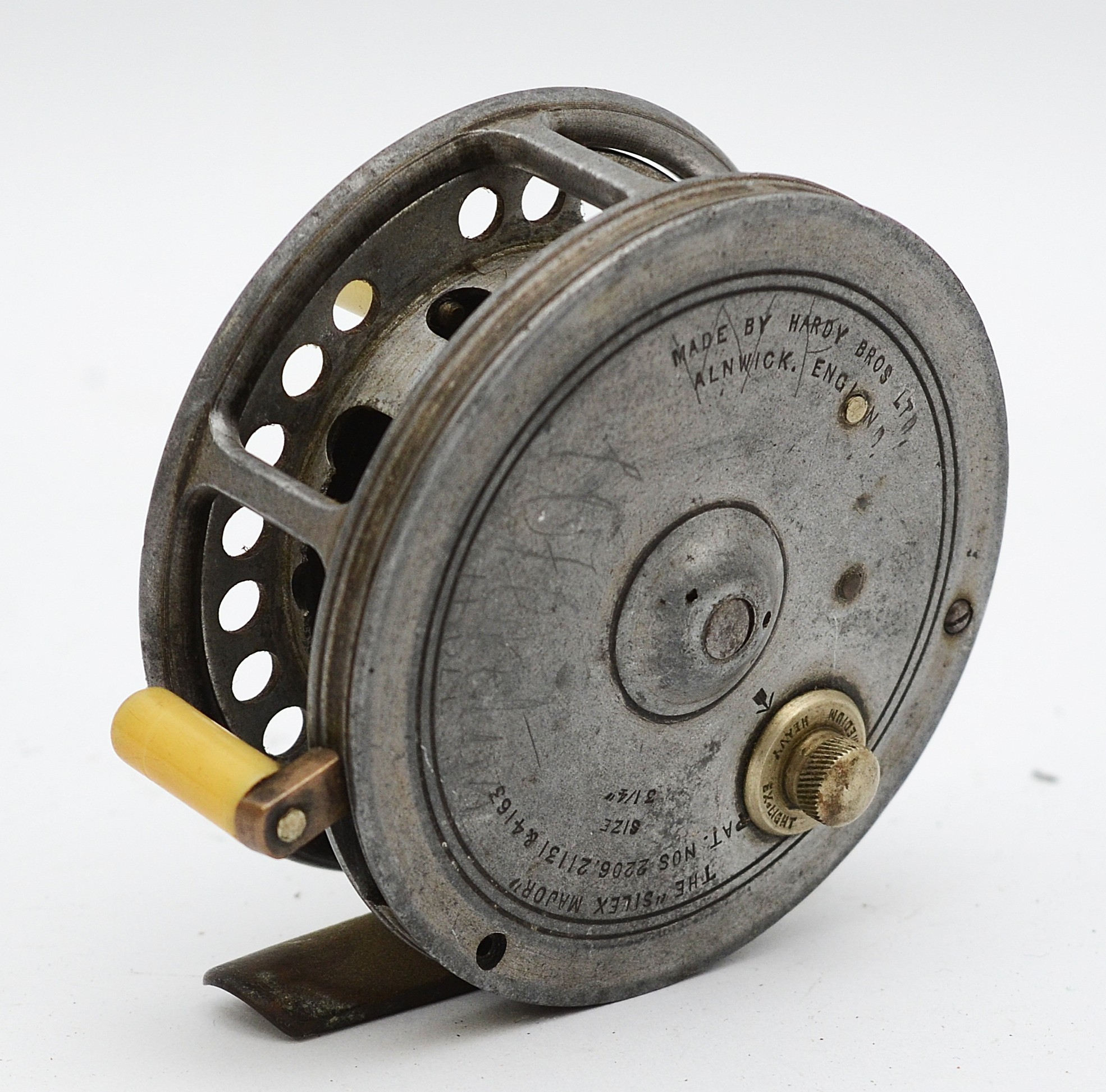 Hardy Bros Ltd, The 'Silex Major ventilated fly fishing reel, brass foot, twin handles (one lacking)