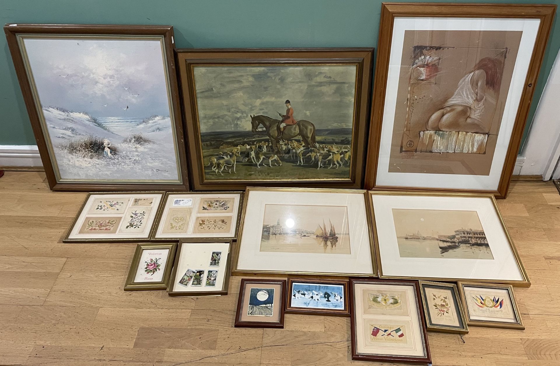 A selection of early 20th century and later prints, paintings and silks, to include a pair of