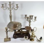 A mid 20th century W&T Avery cast iron shop balance scale, with tear shaped scoop, together with