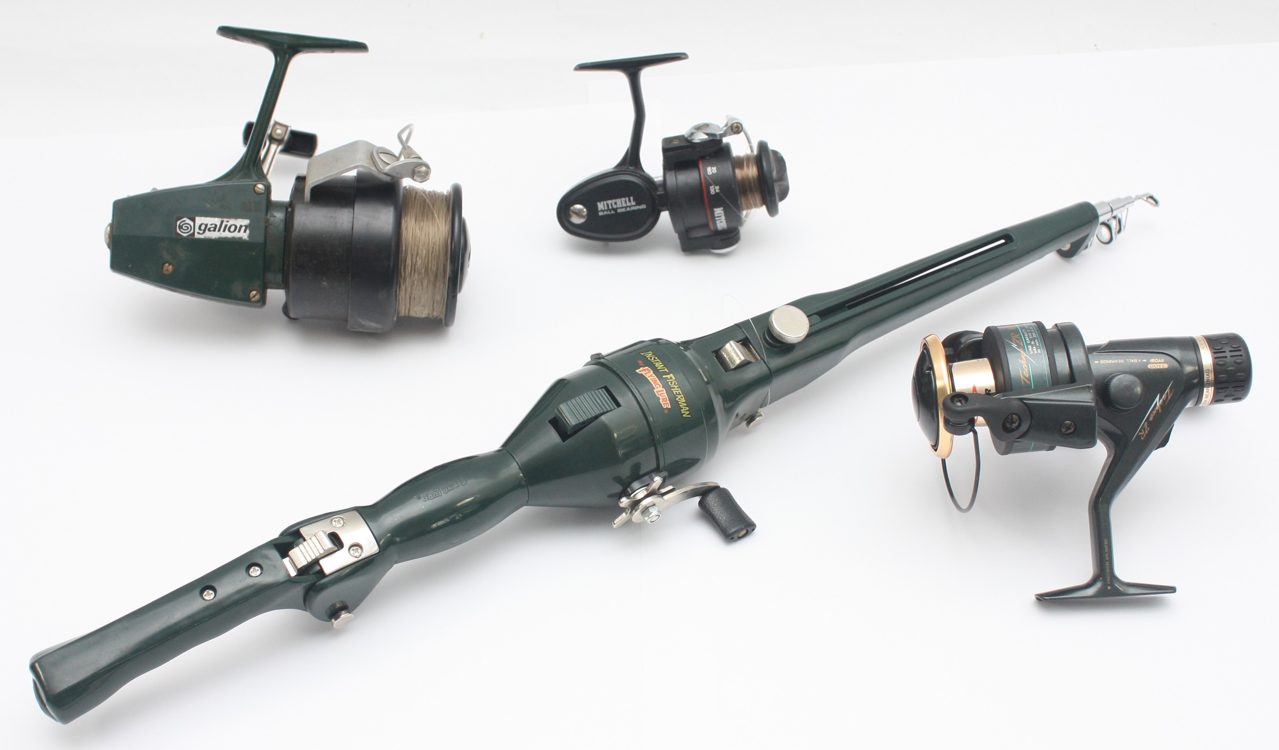 Mitchell, France, a 308s fixed spool fishing reel, a Mitchell Galion 48R fixed spool fishing reel, a