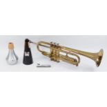 Zenith J R Lafleur, London Mk1 brass trumpet, with mouthpiece and two mutes, 53.5cm overall length.