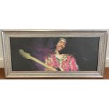 A contemporary artwork of musician Jimi Hendrix, stylized portrait utilizing bright hues in