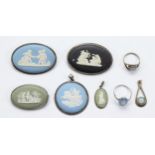 Wedgwood, three silver jasperware brooches, three Wedgwood silver jasperware pendants and two
