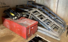 A Nu-tool model No. 332 4 ton hydraulic body frame repair kit, two pairs of steel car ramps together