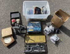 A collection of tools and ancillary equipment to include, a Workzone 240v 800w hammer drill, an