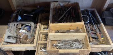 A collection of hand tools to include, a Stanley ratchet brace drill, a Footprint hand drill,