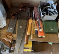 Two tenon hand saws by Spear and Jackson and Ernest Gibbons, three hand saws by Disston USA, wood